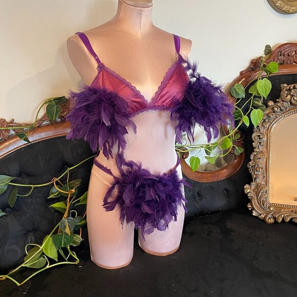80s Vintage Minor Creations Feather Lace Lingerie 2 Piece Sets High Cut One Size - Picture 1 of 3